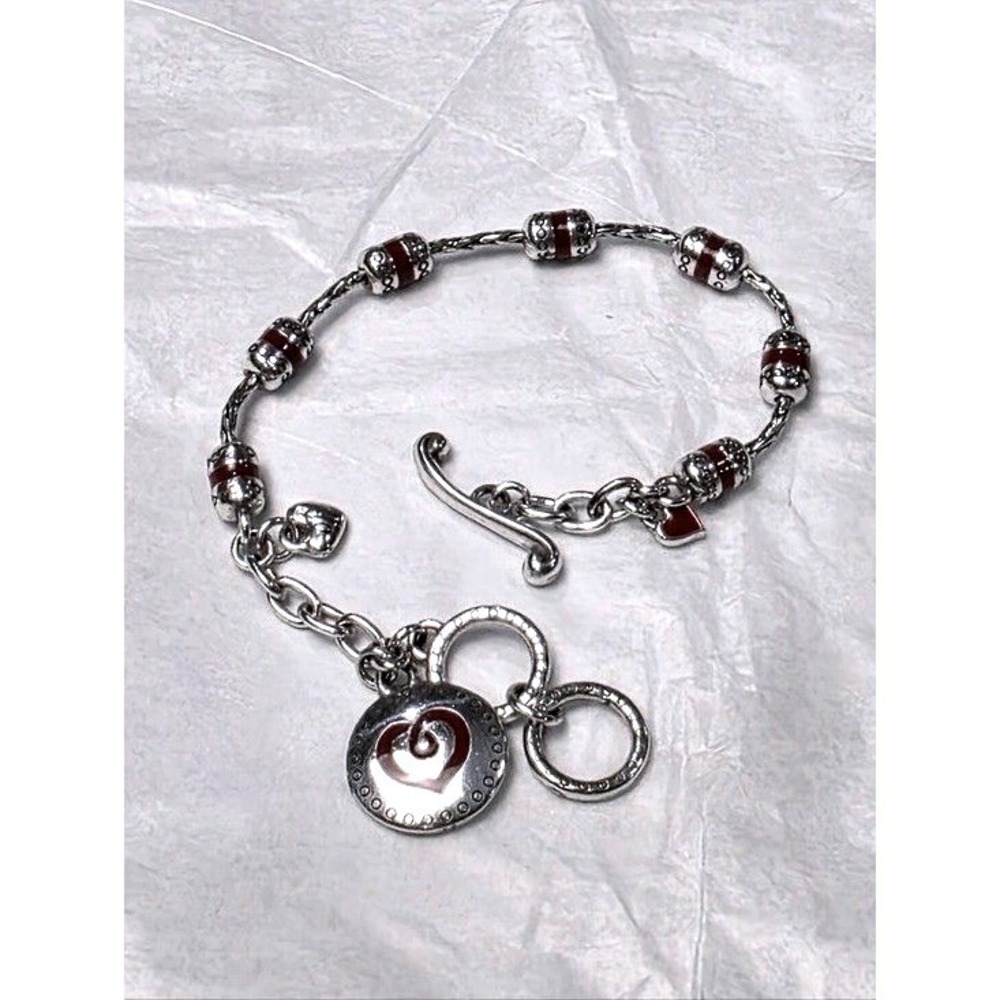 Brighton Silver Tone Red Enamel Heart Charm Toggle Bracelet 8.5 Inch